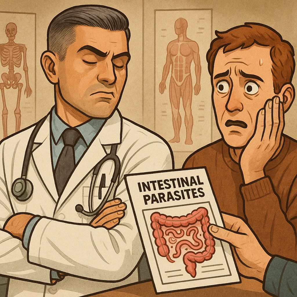 Create a semi-realistic or expressive style image of a male doctor inspired by the reference image, wearing a white coat. The doctor is dismissively turning away from a medical report with intestinal parasites, with a closed or indifferent expression. The patient looks worried. The setting is a doctor's office with anatomical posters. The mood is critical and ironic. emoji