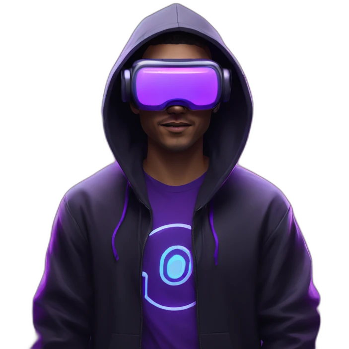 Cyberpunk style. Violet neon. Man with white-light skin in the black hoody with violet OMG VR logo on it wearing vr headset oculus quest 2 emoji