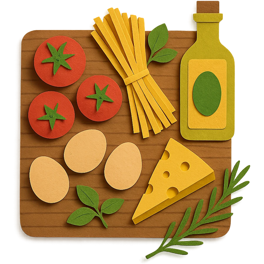 A realistic top-down view of a wooden kitchen table with various common ingredients neatly arranged (like tomatoes, pasta, eggs, cheese, herbs, olive oil). The background should be dark and soft to match a modern app interface. Lighting should highlight the ingredients naturally, with soft shadows. No text, no hands, minimalistic but warm and homely, like a mobile UI background for a cooking app. emoji