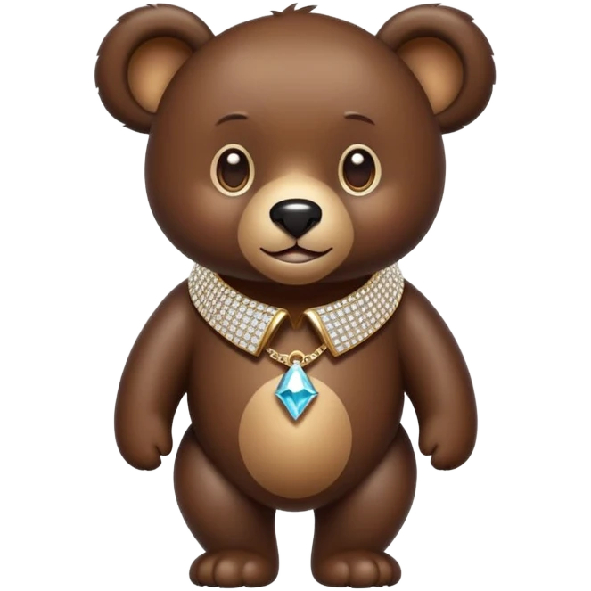 Dark brown bear walking on four paws wearing a luxury diamond-studded collar, shiny gems, minimalist emoji style emoji