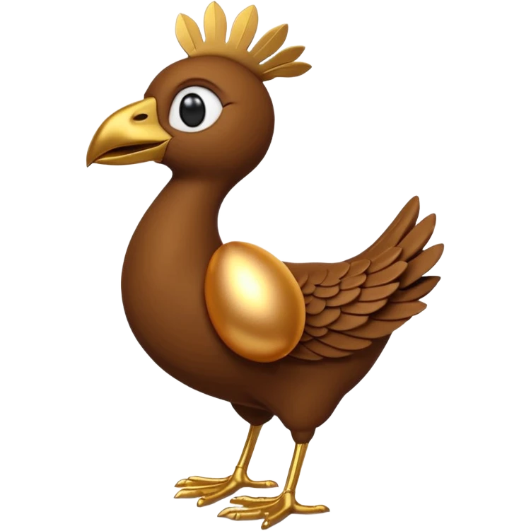 A 3D cartoon Sankofa bird with its head gracefully turned backward holding a golden egg in its beak, symbolizing learning from the past, single bird in frame, gold and brown tones, clean black background, Memoji-style rendering emoji