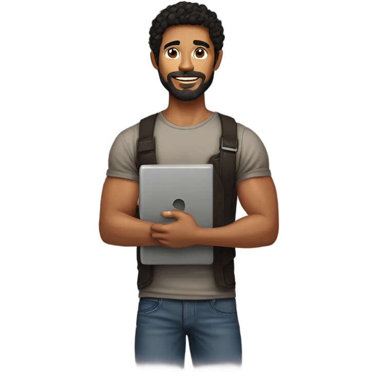 men holding his computer in hands. light brown skin men with curly black hair, dark brown eyes, little grown beard. just a tiny bit muscular. dressed casual. round face. emoji