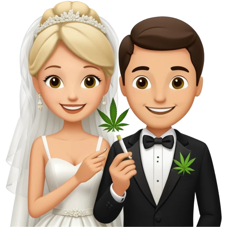 Bride in white dress and groom in tuxedo sharing a cannabis joint, cheerful cartoon wedding couple emoji