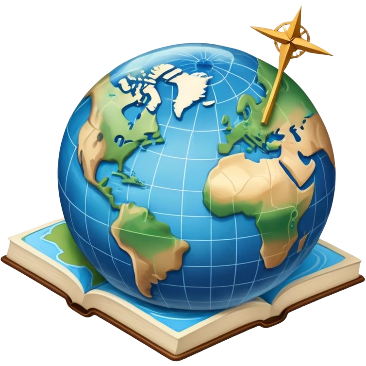 an icon featuring an earth with attitude and longitude lines, a textbook, and a topographic map, symbolizing geography as a science. The design includes a compass, mountain ranges, and rivers, representing the study of Earth's features and landscapes. Transparent background highlights geography. emoji
