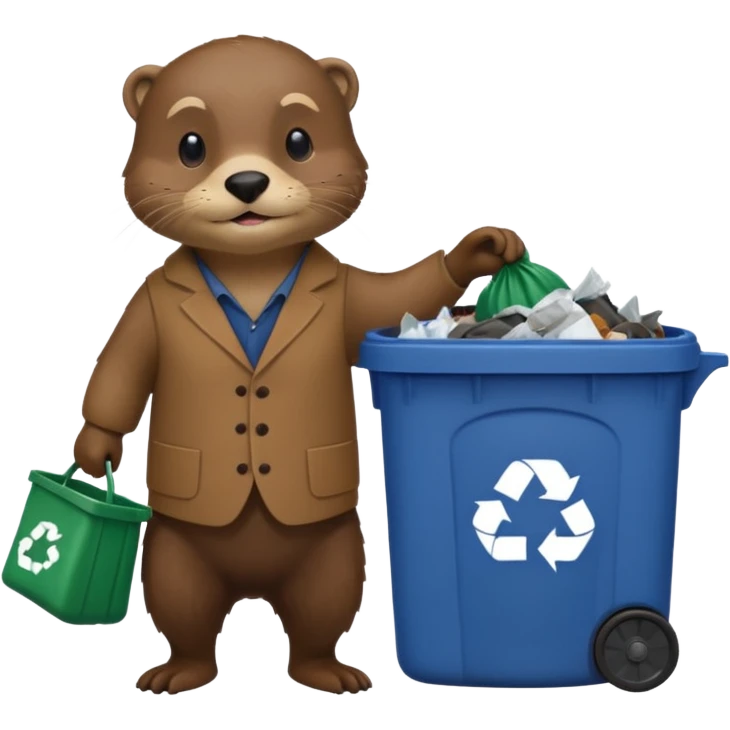 an otter dressed as a man picking up trash bins emoji
