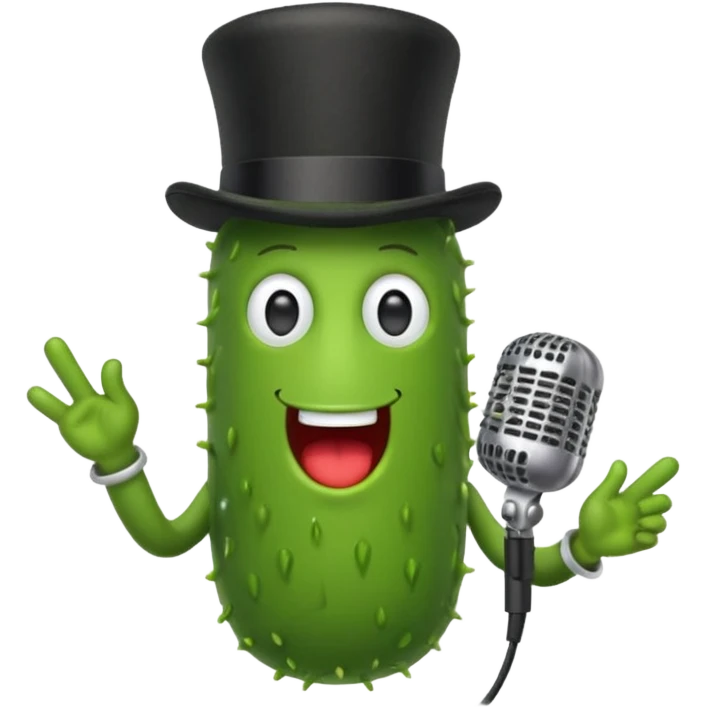 Pickle wearing a top hat singing into a microphone  emoji