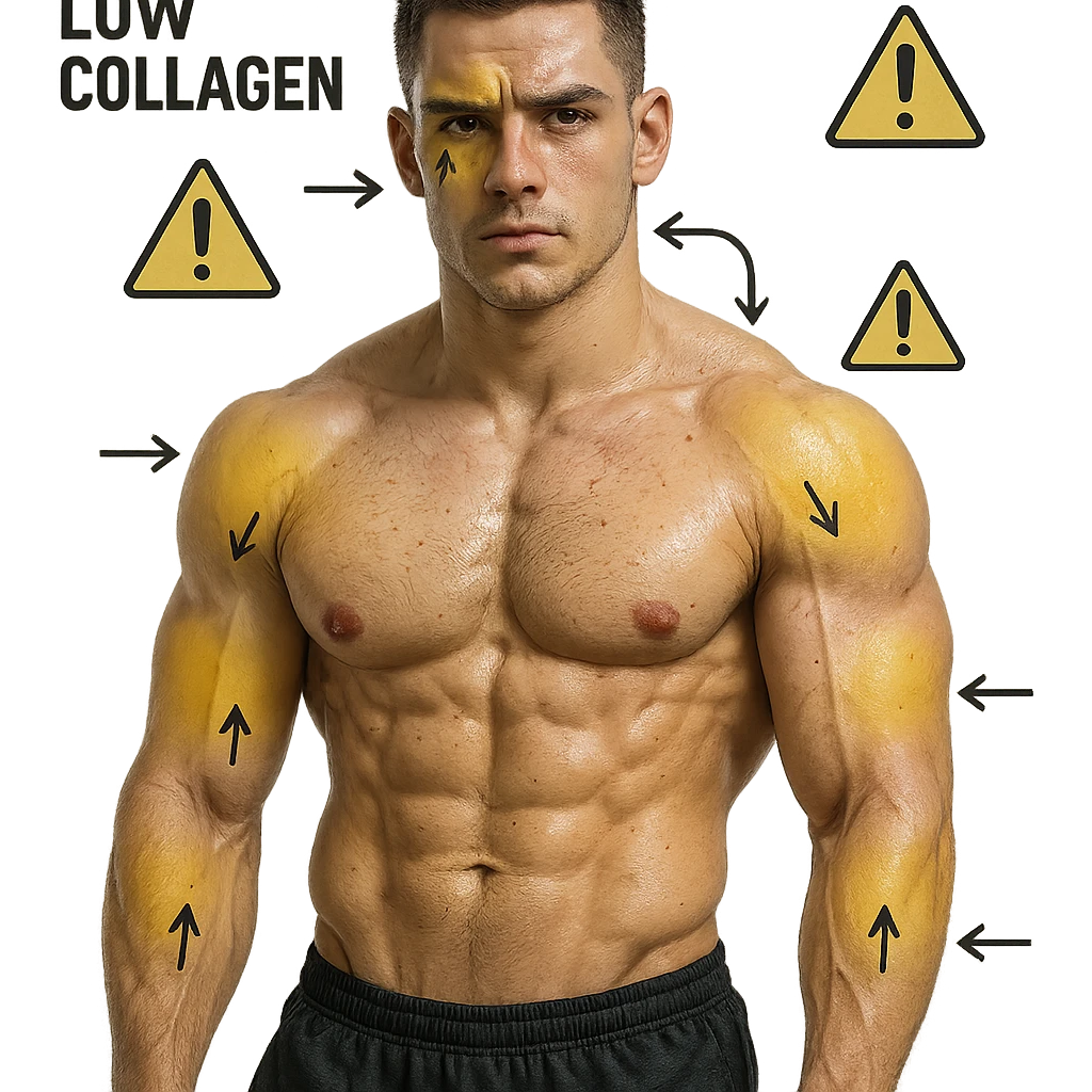 25-year-old bodybuilder, low collagen, hyper realistic style, visible muscles, skin with yellow highlighted areas showing deficiency, arrows and attention symbols, clinical atmosphere, light background emoji