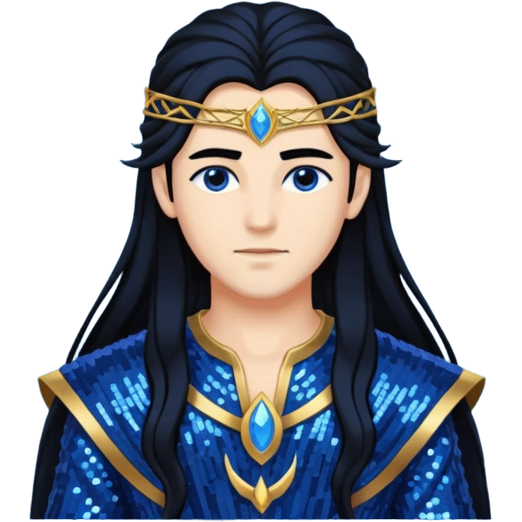 Zephyr, God of West Wind from Gods and Goddesses with long jet black hair, dark blue sequin outfit emoji