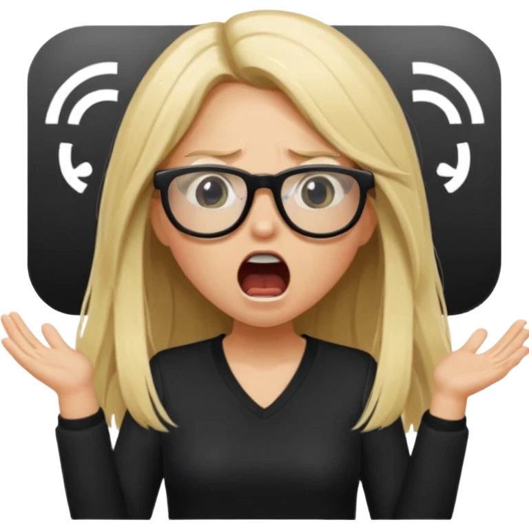 blonde girl with long hair, white glasses, black clothes, shouting bad words emoji