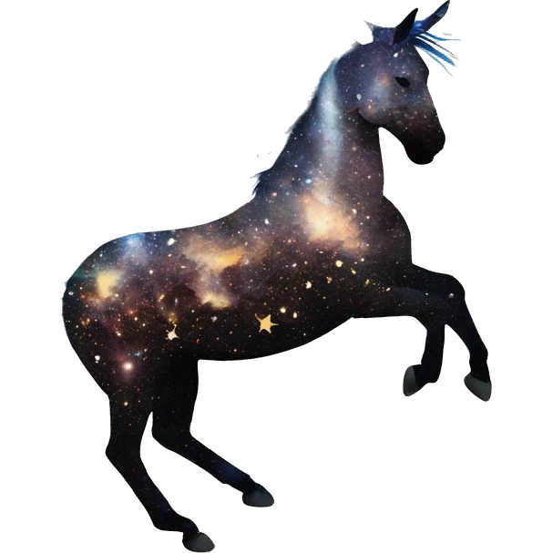Ethereal zebra newspaper cutting flowers graffiti magazine collage glittering iridescent rich chestnut brown blue mane horse galloping through constellations and nebulas, unicorn Pegasus emoji