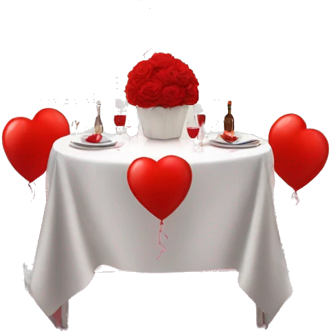 Red romantic party setting for two people and heart balloon  table with white cloth  emoji