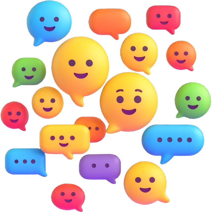 online forum with floating chat bubbles and smiling faces in 3D emoji style emoji