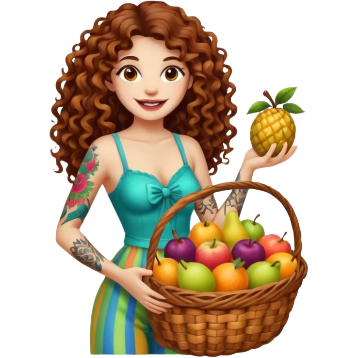 full body woman long curly brown hair brown eyes white skin tattoos holding basket of psychedelic fruits, teasing smile emoji