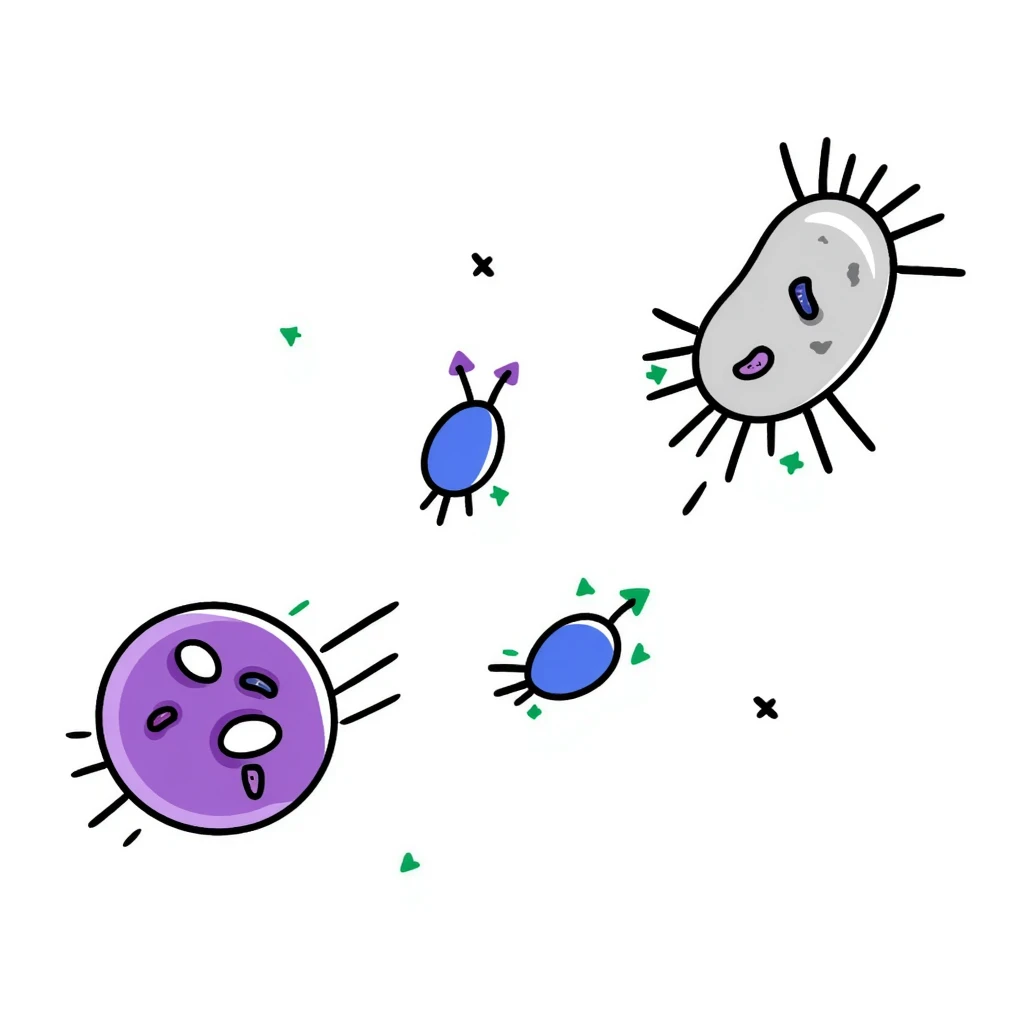 Antimicrobial action diagram: purple bacteria with detailed cell structure being attacked by blue shield-shaped antimicrobial molecules. Green arrows showing points of attack on cell wall and membrane. Hand-drawn scientific illustration with color-coded components. emoji