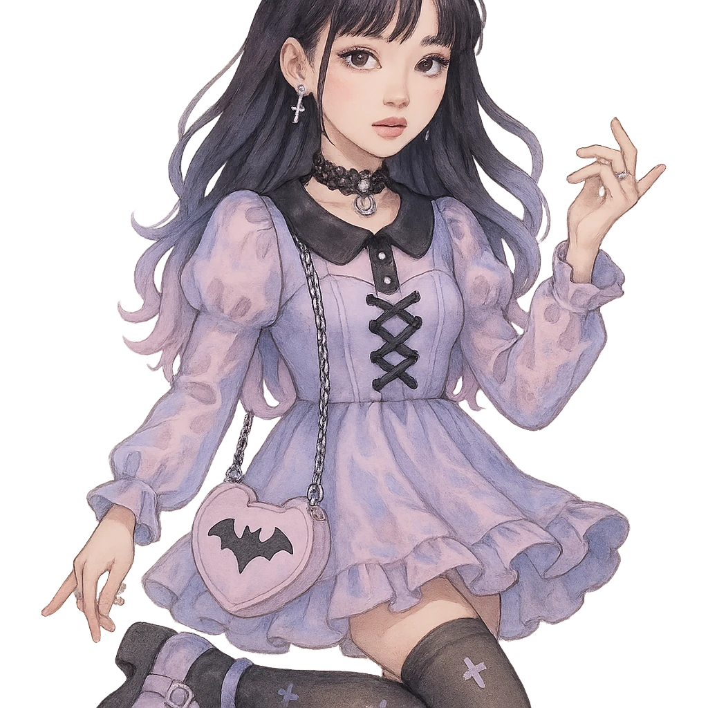 gothic K-pop girl, dreamy pastel goth style, soft colors with gothic details, whimsical pose, cute accessories emoji