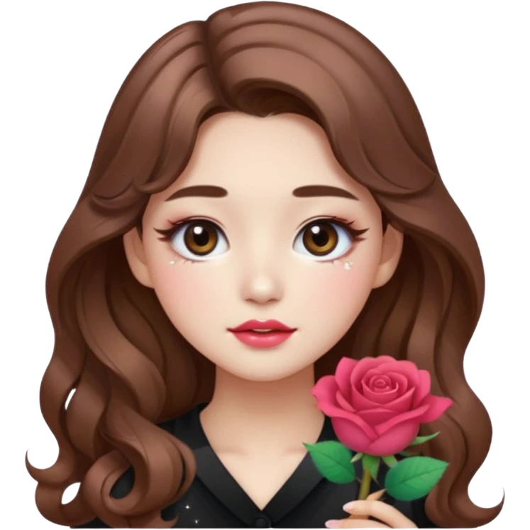 “korean brown hair Emoji girl, soft eyeliner, gradient rose lips, light brown shimmer eyeshadow, sparkly aegyo-sal, long wavy hair,  emoji