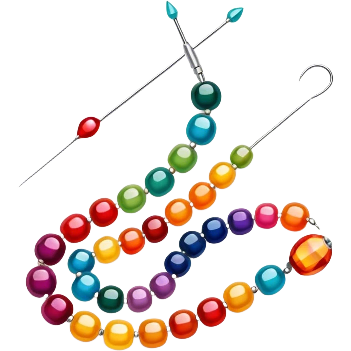 Create a harmonious and well-composed icon that represents the hobby of beadwork. The design should feature colorful beads, thread, and a beading needle or tool in a balanced arrangement. The elements should flow naturally, reflecting the creativity and precision of the craft. Ensure the composition is clean and aesthetically pleasing, with vibrant yet balanced colors. The background should be transparent. emoji