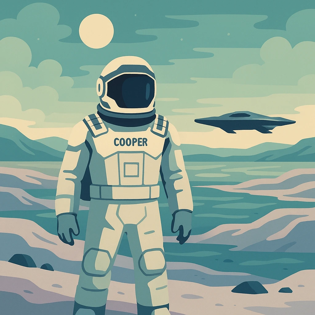 flat toon style Cooper standing on an alien planet with a distant spaceship, inspired by Interstellar emoji
