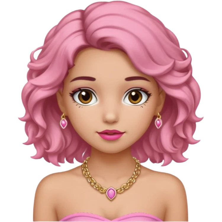 crée moi une jeune fille très belle avec les cheveux bouclés long brune avec un top  sans manche ni brettelles juste un 'bandeau' de couleur rose clair avec un peu de maquillage et des beaux et long  cils un collier en or emoji