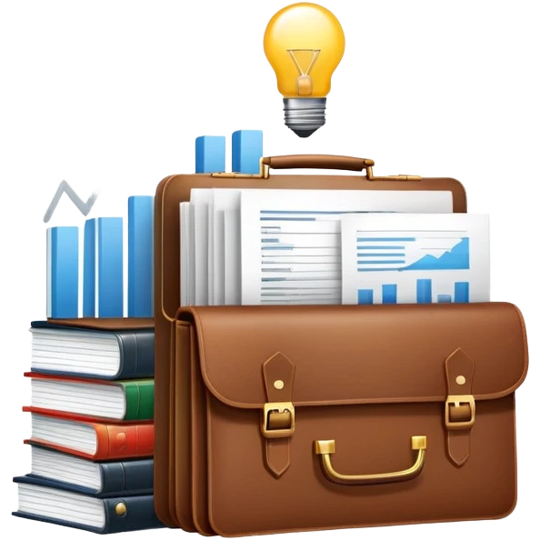 An icon showing a briefcase, a stack of documents, and a rising bar chart, representing business and entrepreneurship. The design features a laptop and a lightbulb, symbolizing innovation and strategy. Transparent background highlights the dynamic world of business growth and leadership. emoji