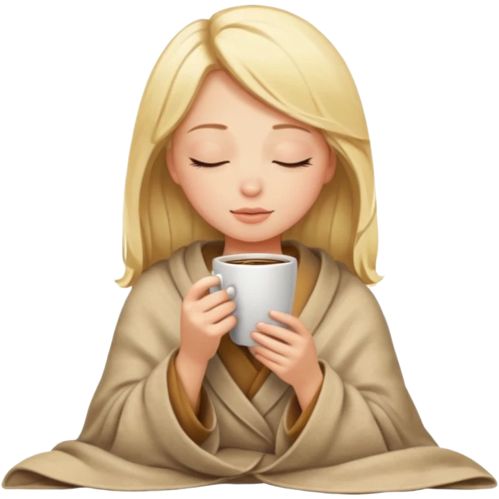 Blonde girl inside a blanket sipping coffee eyes closed emoji