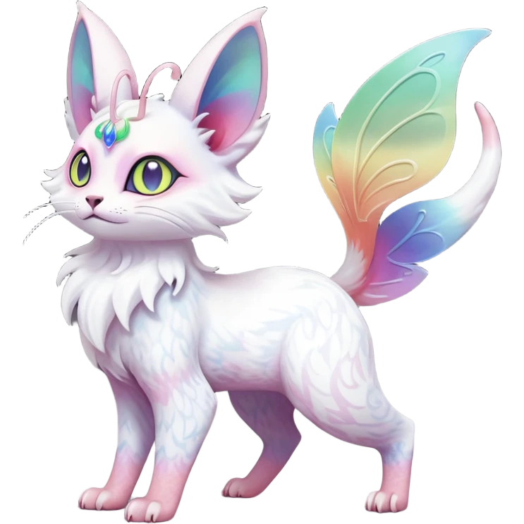 Pure-snow-White albino iridescent with pastel rainbow-gradients-color-markings with swirly patterns butterflies  faerie-Noivern-Noibat-Purloin-Torracat-Lykoi-Caracal-cat-Fakemon-fusion-hybrid-creature-scared emoji