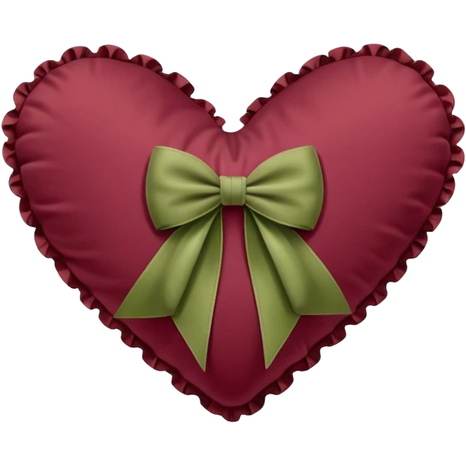 Burgundy heart shaped pillow with ruffles and olive color bow emoji