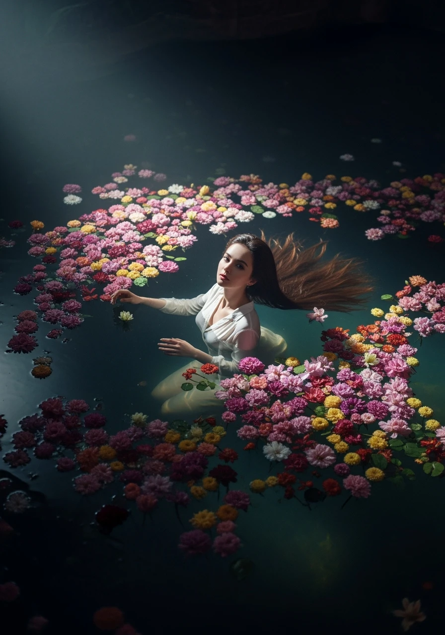 Camera drom top, Motion blur Extreme Closeup photo of a beautifull woman lay around beautifull colorfull flowers in water, cinematic light, 8K, very detailed, sharp, depth (foreground, midground, background) Spotlight, dark environemnt emoji
