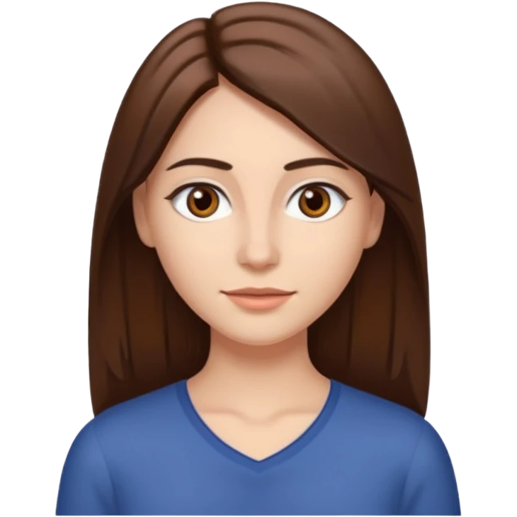 woman with straight brown hair down to her chest middle part brown eyes and eyebrows and slight smile emoji