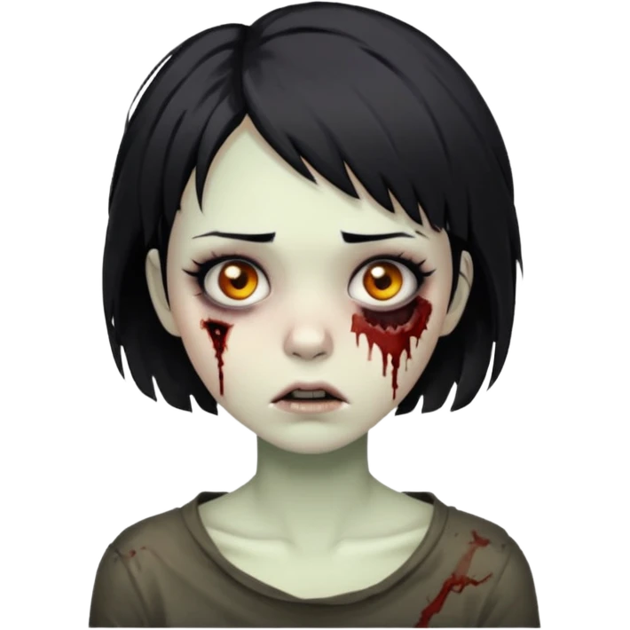 Zombie girl with messy black short hair with lashes and torn cheek and calm face emoji