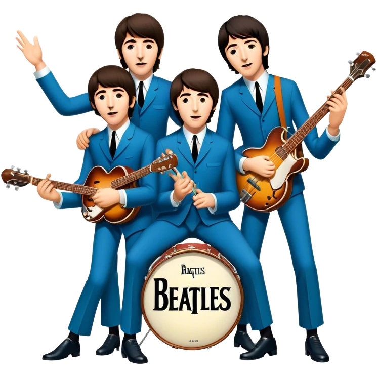 Cinematic Realistic The Beatles Group Emoji, depicted as an iconic band of four exuding playful charisma and musical genius with retro instruments and vibrant expressions, rendered with rich textures and nostalgic dynamic lighting that captures their legendary impact on pop culture. emoji