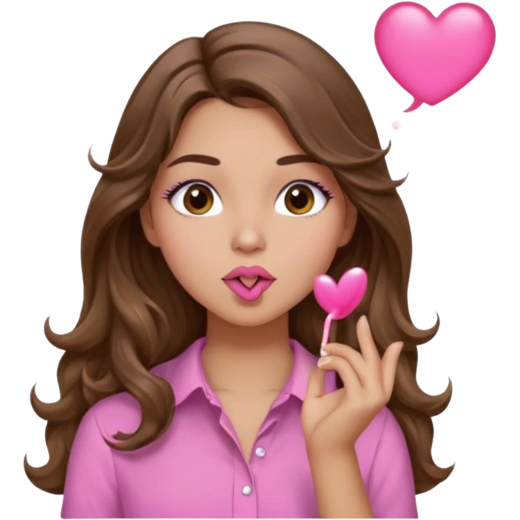 girl with long wavy brown hair, brown eyes, light to medium complexion, in a pink shirt, pink lips, long lashes, blowing a kiss emoji