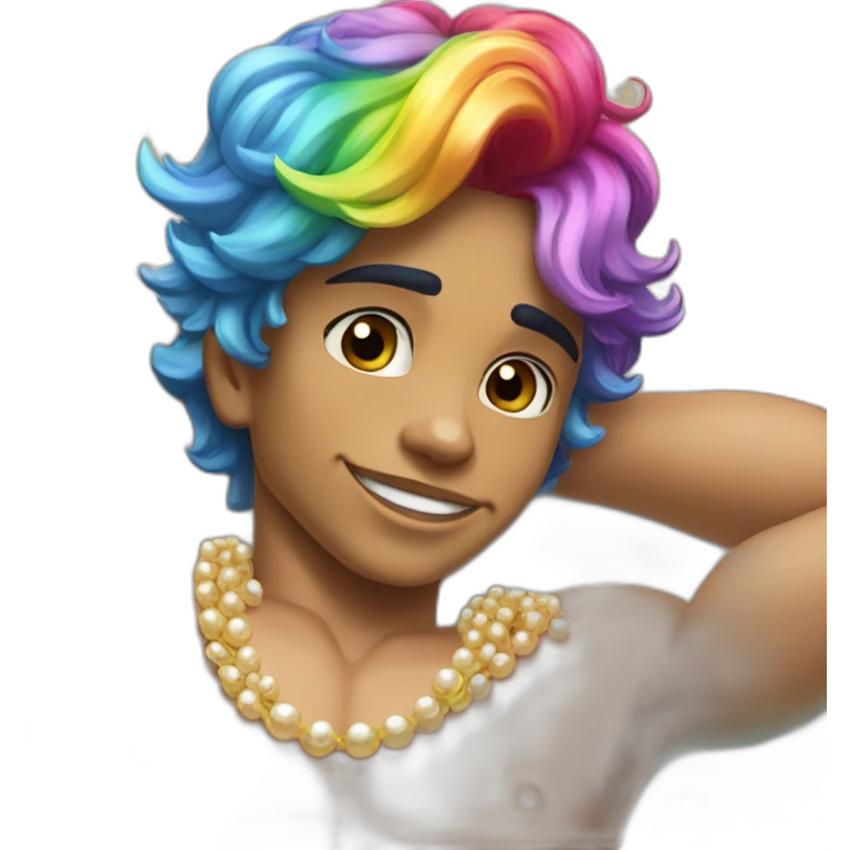 posh-muscle-boy-with-pearl-necklace-and-rainbow-unicorn-hair-in-golden-bathtub emoji