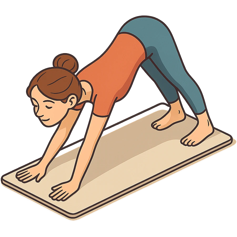 girl in cute yoga outfit performing downward dog pose (Adho Mukha Svanasana), 2D isometric style, very detailed facial features, elongated body, many shadows and highlights, clean contours, soft lighting, transparent background emoji
