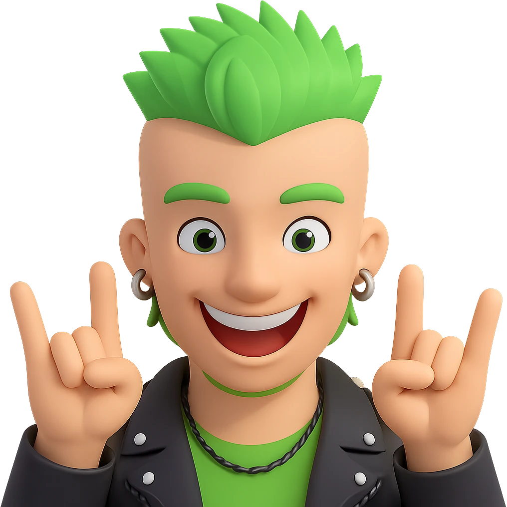 smiling punk guy with green irochese showing horns (3d-emoji style) emoji