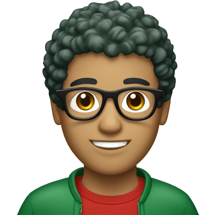 Unisex person ’light skin’ ’short curly dark green hair’ in a ’red Santa hat’ and black tshirt and round glasses  emoji