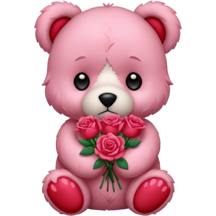 Cute pink teddy bear with sad puppy dog eyes holding roses  emoji