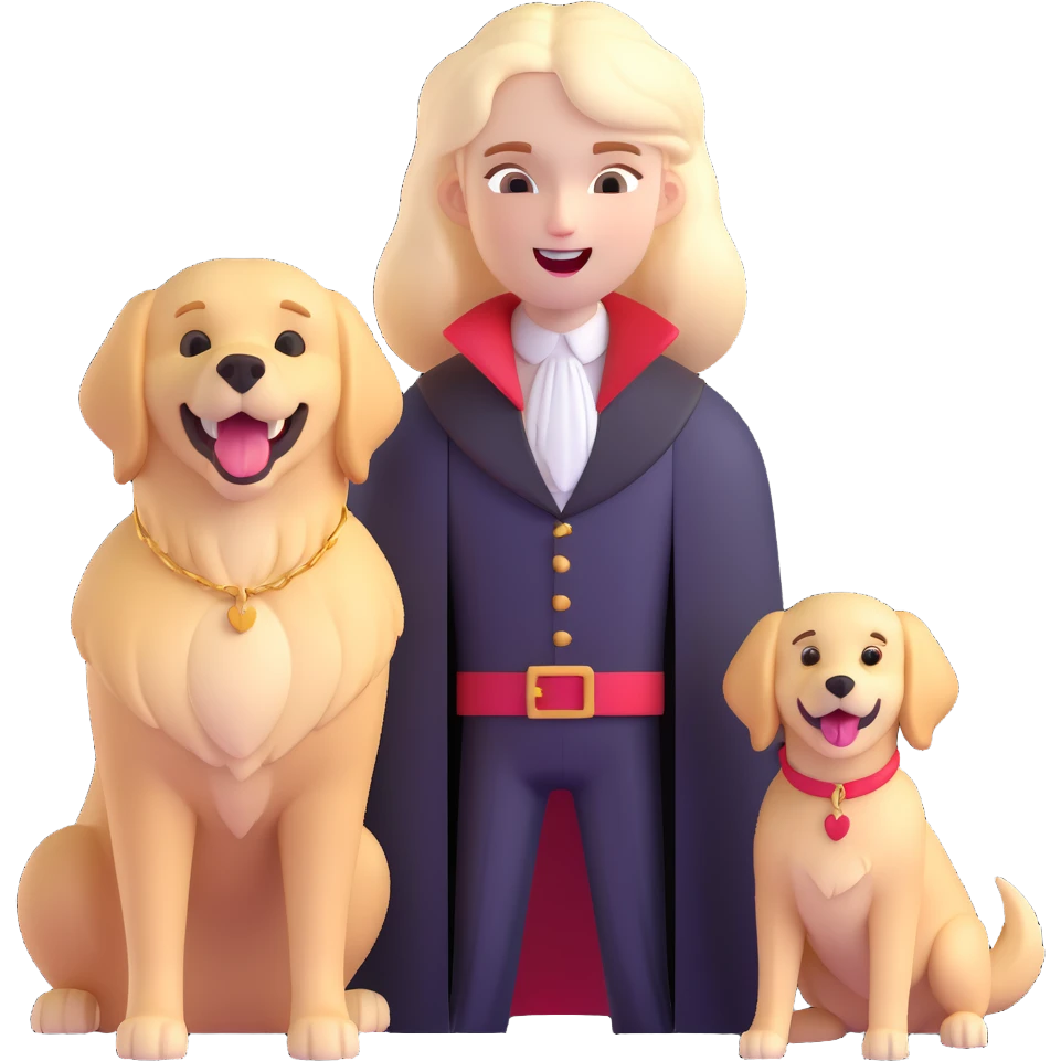 serious vampire with pale skin and fangs on the left, next to joyful golden retriever on the right, both in one emoji emoji