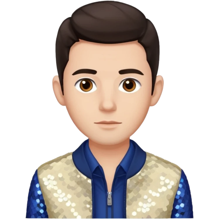 Jonathan Bailey with dark brown hair, brown eye, ivory sequin jacket, navy blue shirt emoji
