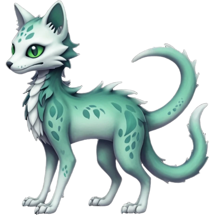 Kawaii spectral spooky dark bleak blackish swampy white-skeletal gloomy ghostly dark greyish dark-deep-greenish foggy eldritch beautiful realistic edgy fantasy ghoul-like stitched feline-vernid-sergal-fursona animal creature with a tufted tail full body with intricate markings  emoji
