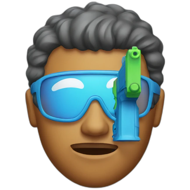 Man with water pistol attached to his forehead emoji