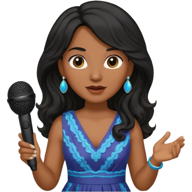 Middle age, long wavy black hair, brown skin, wearing dress, holding mic emoji