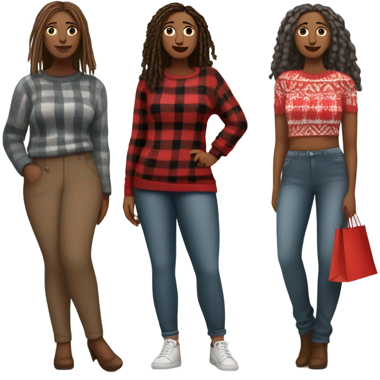 Curvy woman gray locs in pants shopping.  Another curvy woman is brown with red locs in a skirt with plaid sweater shopping emoji
