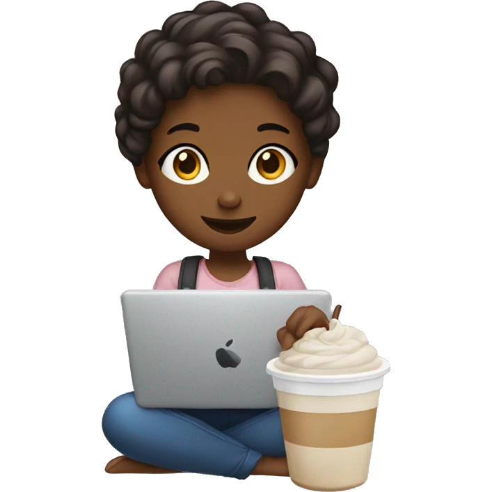Girl holding iced coffee in one hand and laptop in other emoji