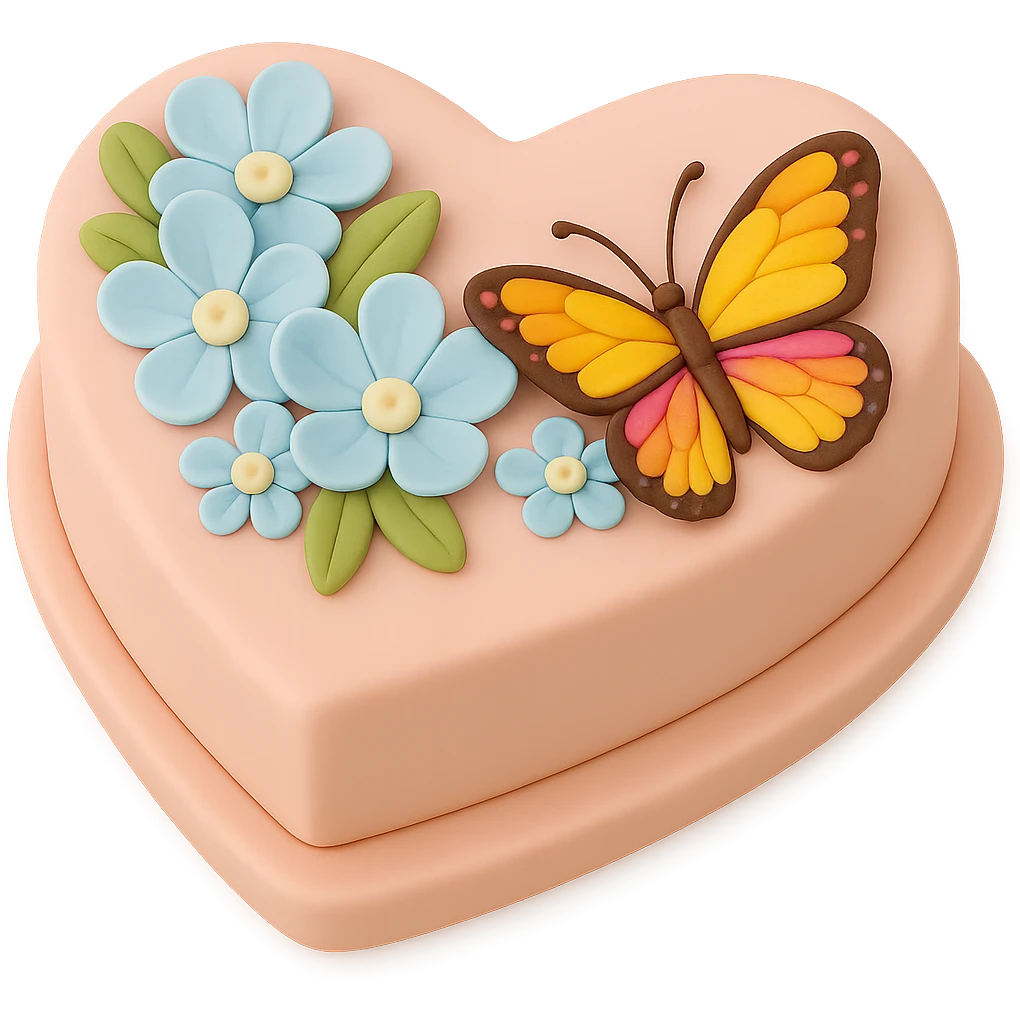 Add a colorful butterfly to the heart-shaped fondant cake with blue flowers, fondant cake art style, keep transparent background. emoji