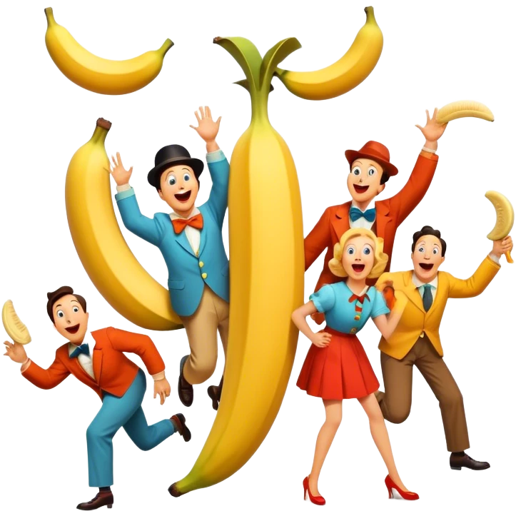 A vintage movie poster-style design featuring slapstick humor elements—funny characters in exaggerated poses, oversized props, and bright colors. Include elements like pies in faces, a falling banana peel, and cheerful expressions. Retro cinematic style. Transparent background. emoji