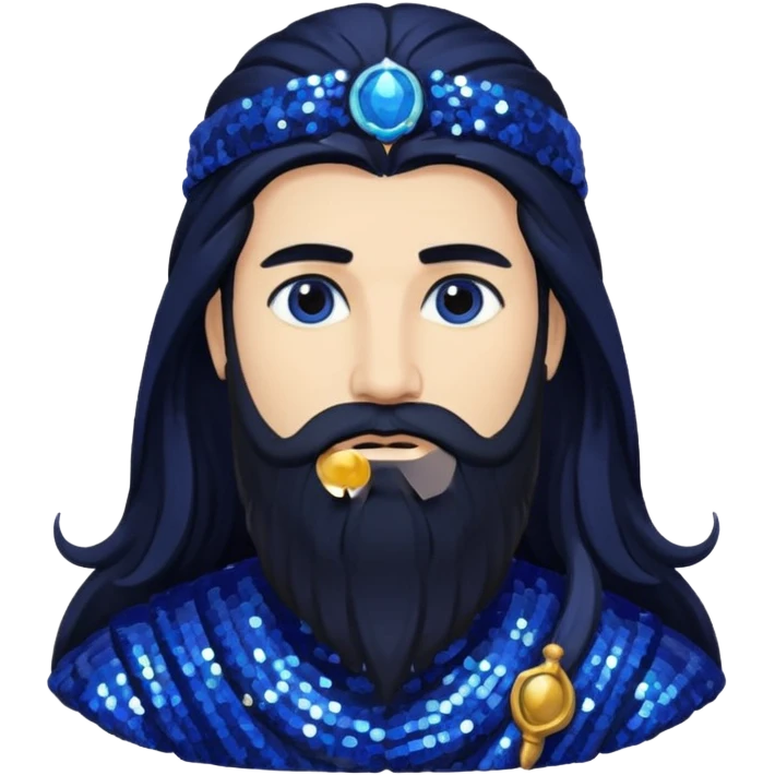 Saturn, God of Time from Gods and Goddesses with long black hair and beard, indigo sequin outfit emoji