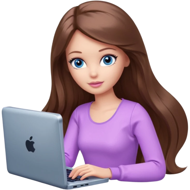 beautiful barbie girl with long brown hair, blue eyes and wearing light purple clothes playing computer games emoji