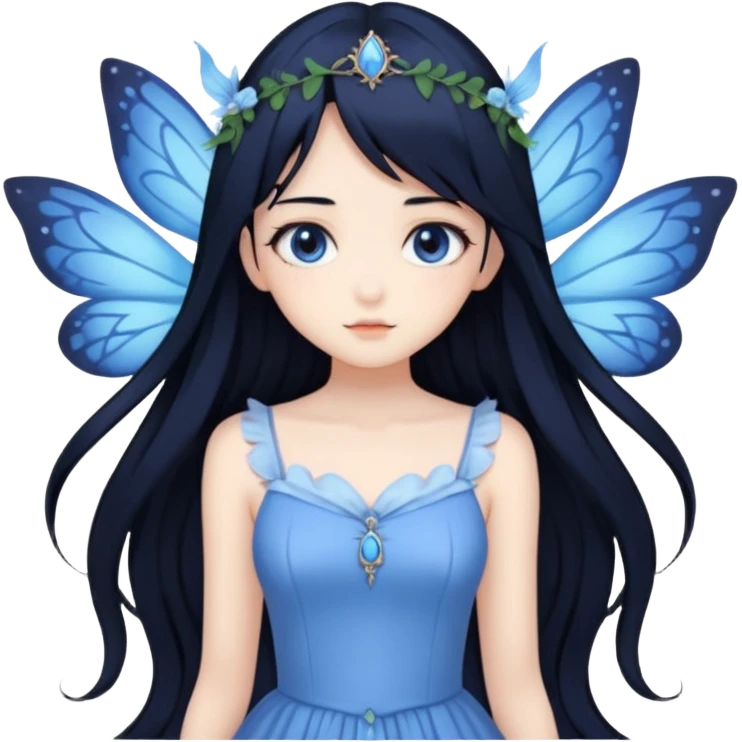 Gothic anime fairy with long beautiful black hair and blue dress, pastelcore, emoji