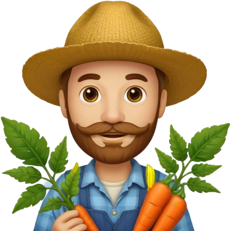 farmer emoji in classic apple style, same outfit and hat as original 🧑‍🌾, holding a fiddlehead fern instead of a carrot, light moustache and beard, facial features inspired by reference photo, cheerful expression emoji
